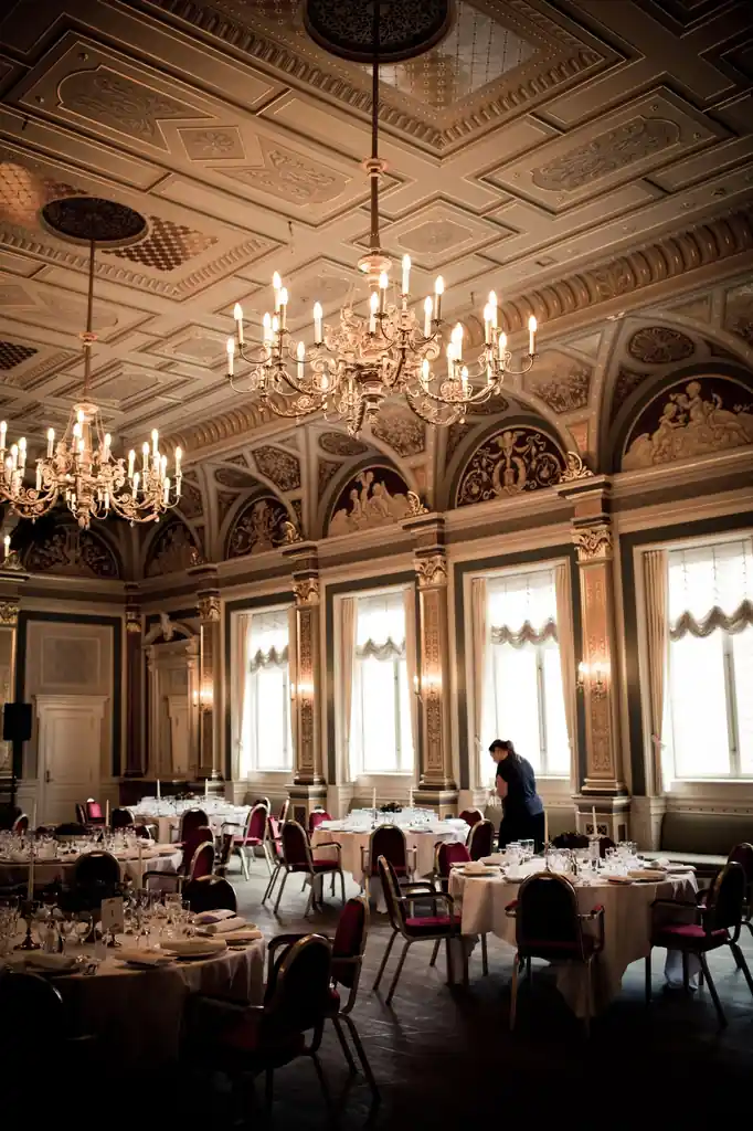 Luxus étkezőterem elegáns csillárokkal